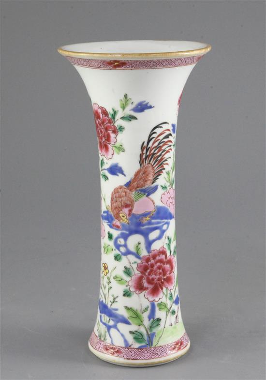 A Chinese famille rose cockerel or rooster trumpet shaped vase, Qianlong period, height 22.5cm